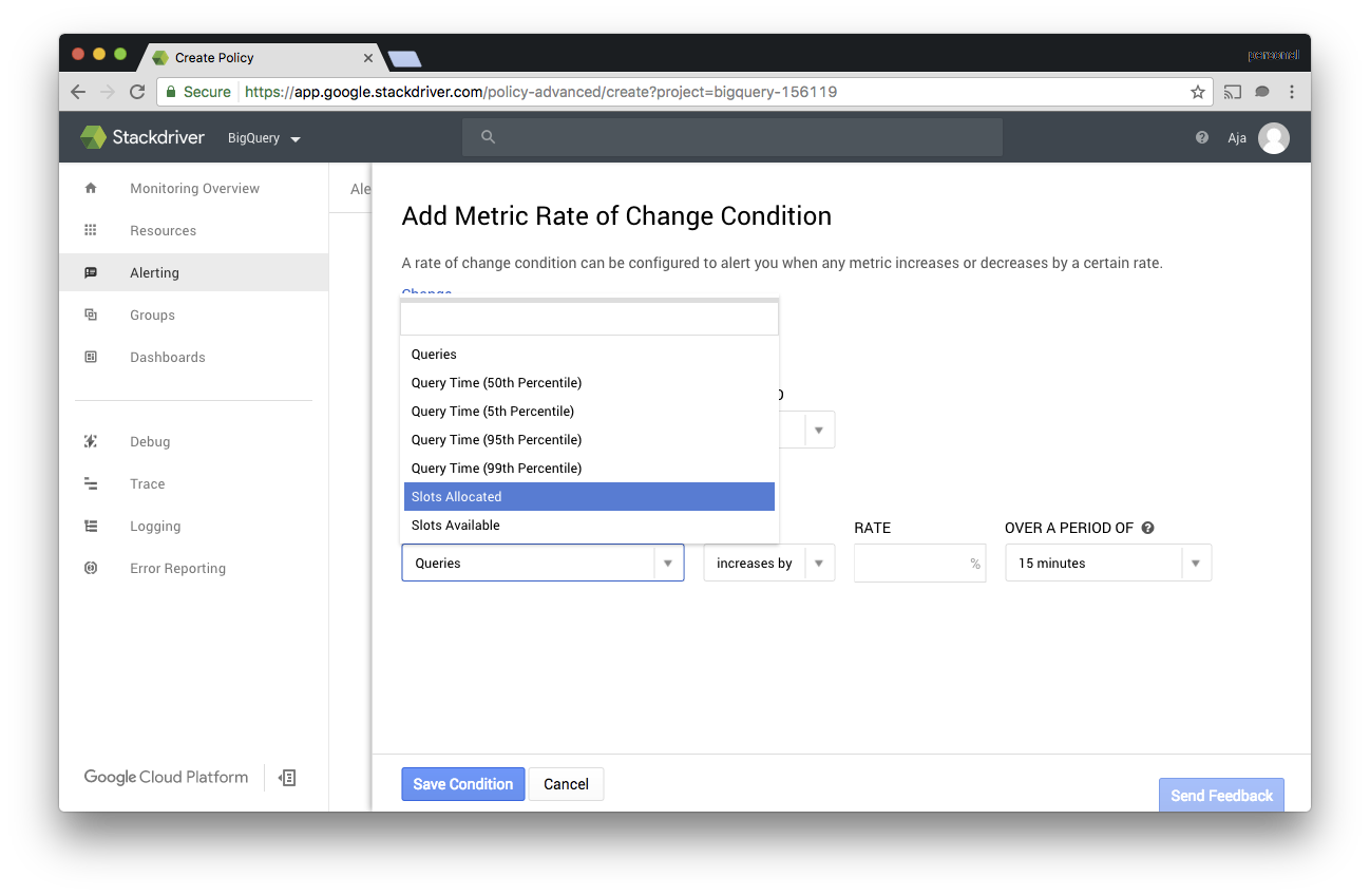 Screenshot of the alerting page showing the available alerting metrics