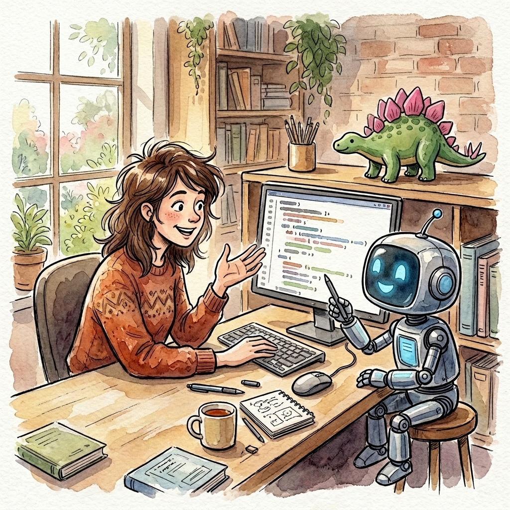 Ink and wash watercolor style illustration of a software developer pair programming with a friendly AI robot at a desk, with a green stegosaurus with pink spikes.